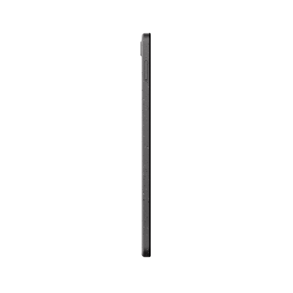 Tablet grigio di profilo su sfondo bianco.