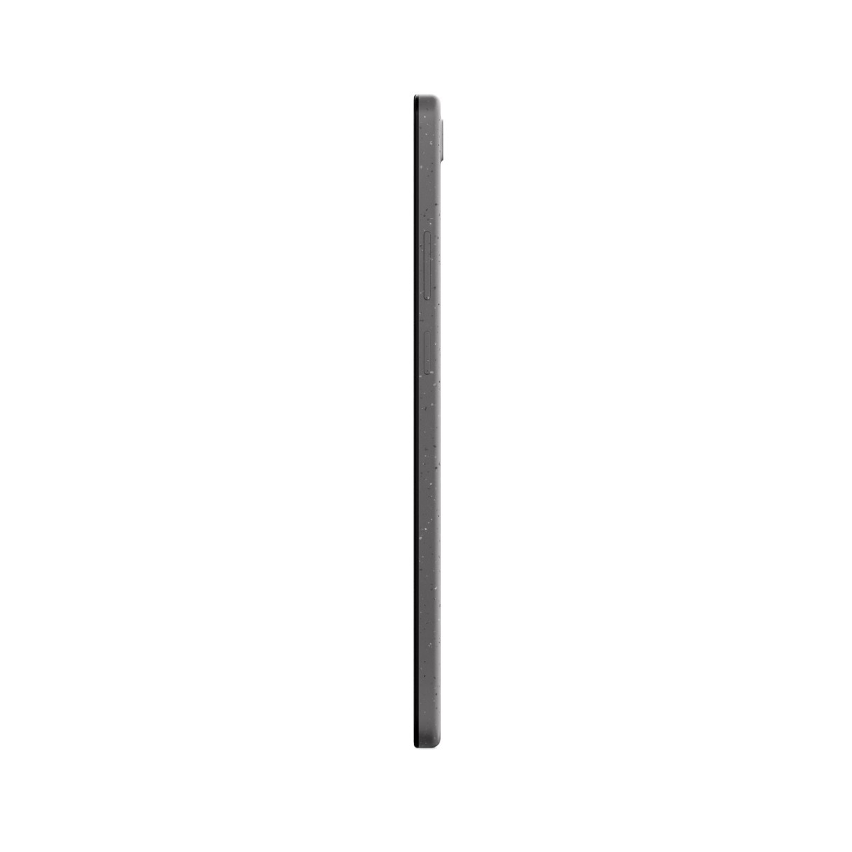 Tablet grigio visto di lato con pulsanti sul bordo.