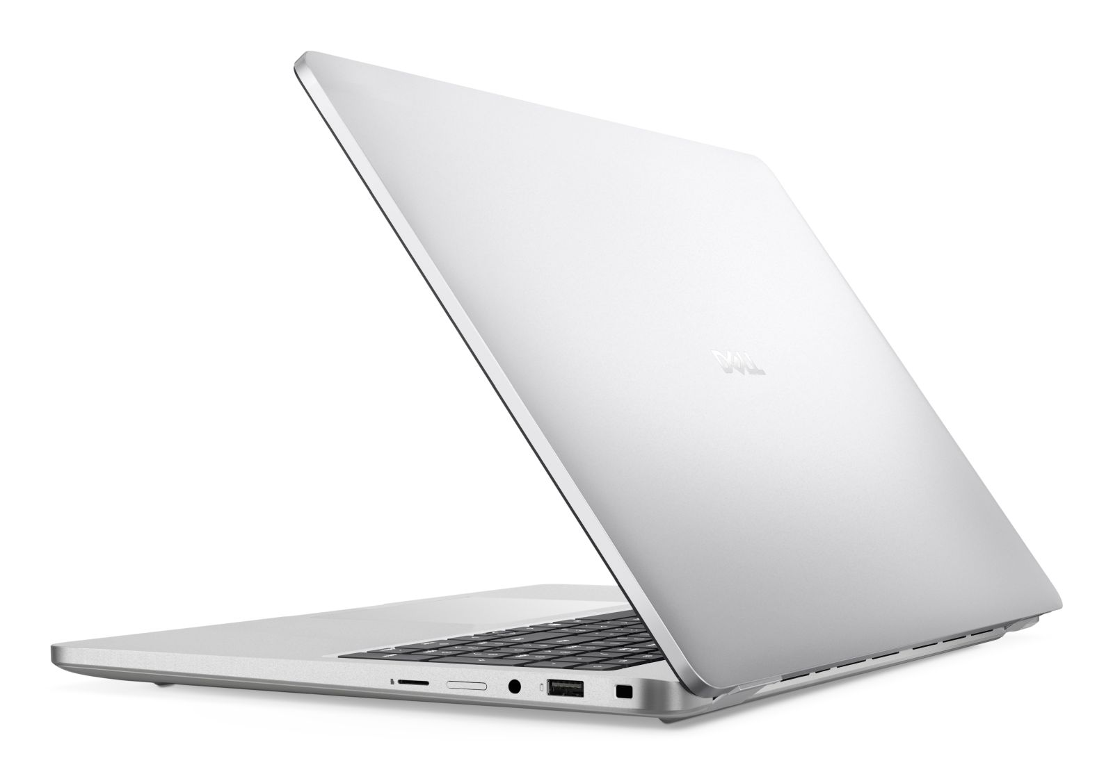 Ein silberner Dell Laptop ist geöffnet und zeigt die Tastatur und Anschlüsse.