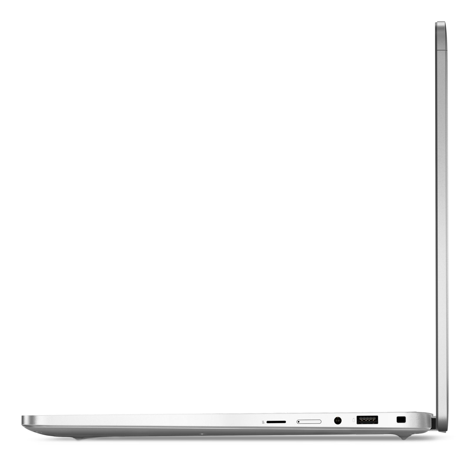 Silberner Laptop von der Seite, mit Anschlüssen wie USB und SD-Kartenleser.