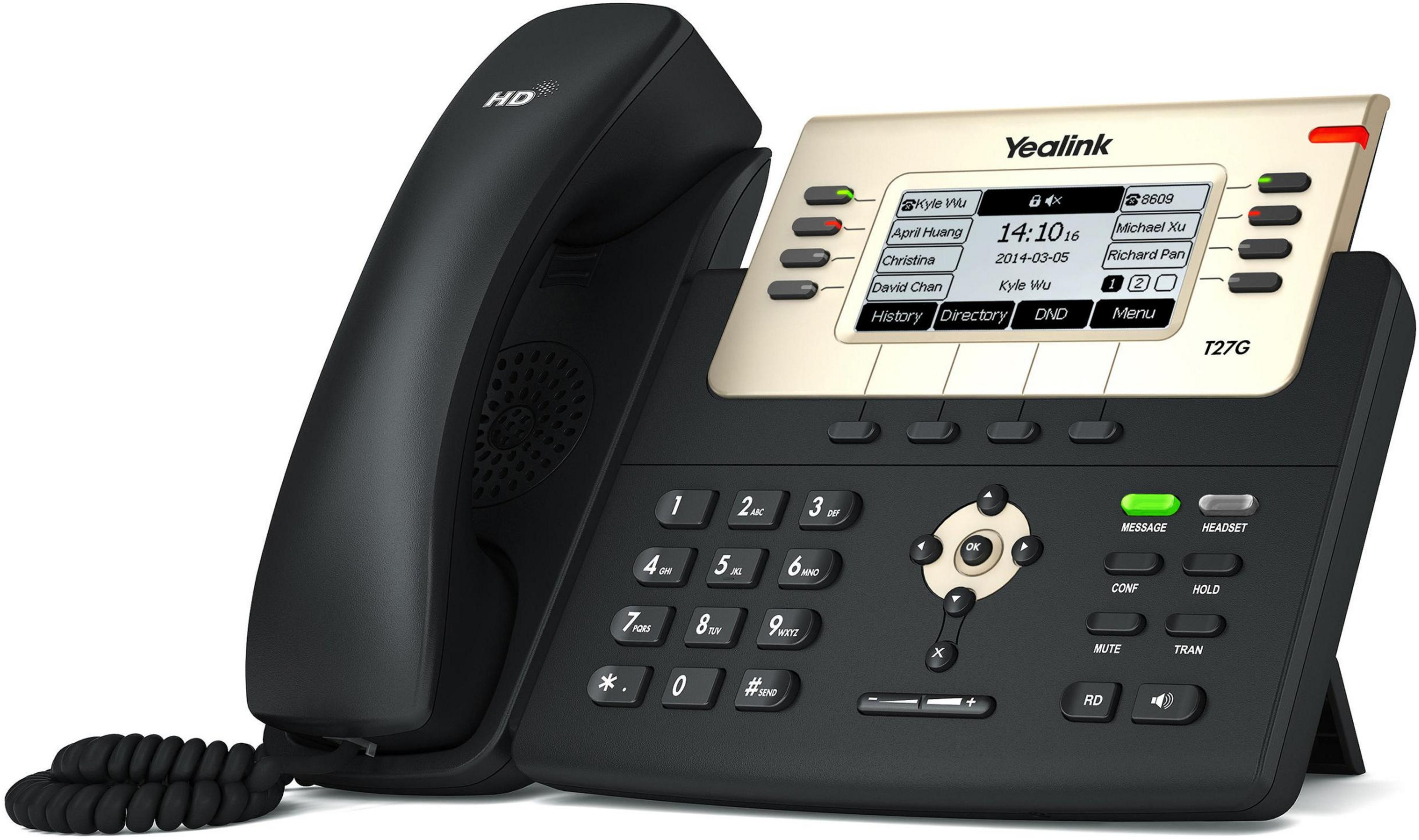 Un telefono da scrivania Yealink T27G nero con ampio schermo che mostra contatti e ora.