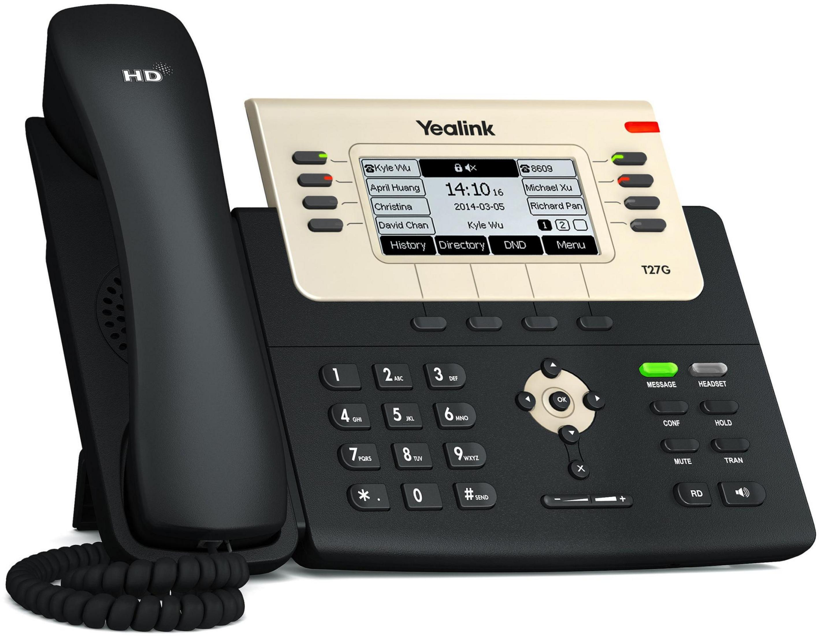 Un telefono da scrivania Yealink T27G nero con logo HD, display e tastiera.