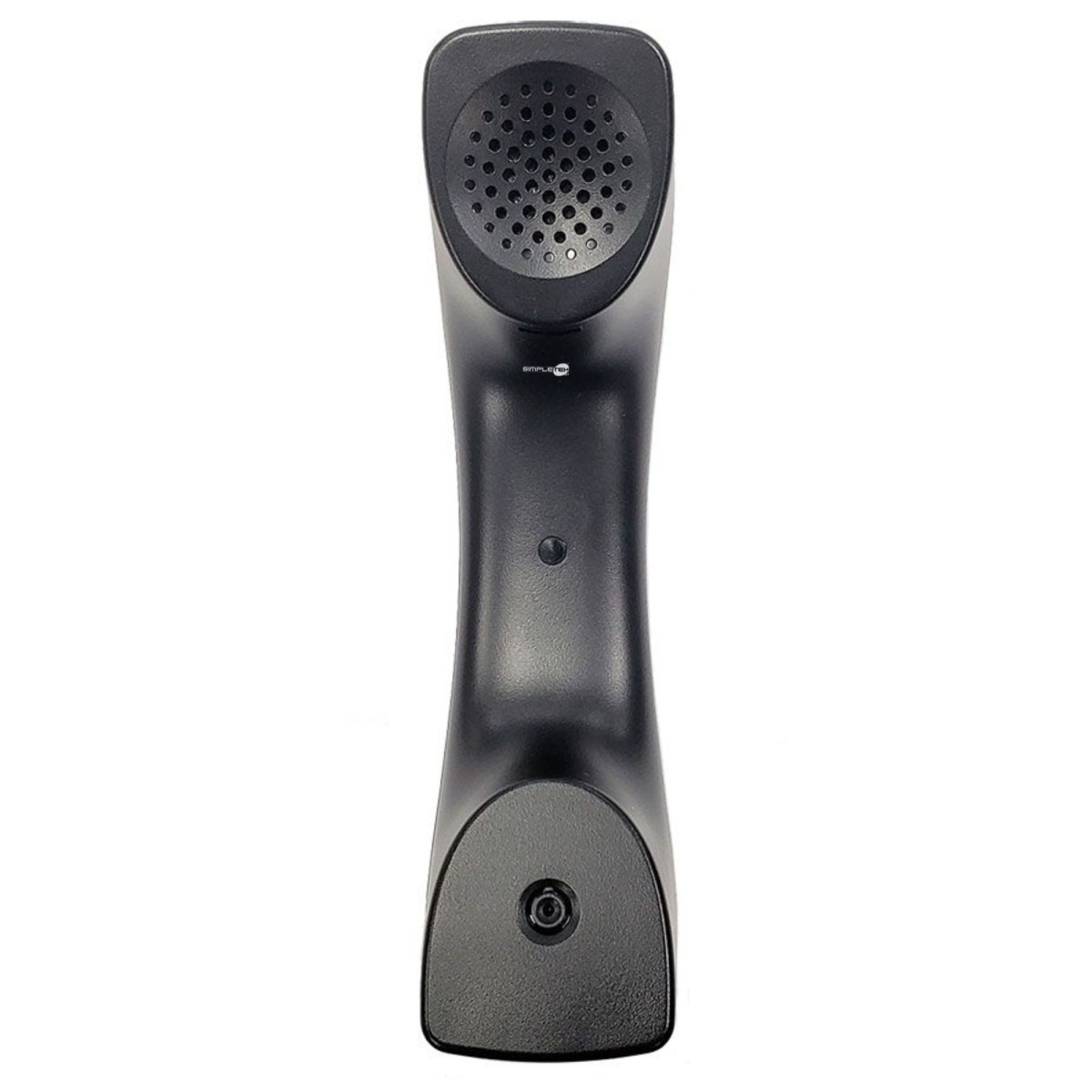 Una cornetta telefonica nera con altoparlante e microfono, su sfondo bianco.