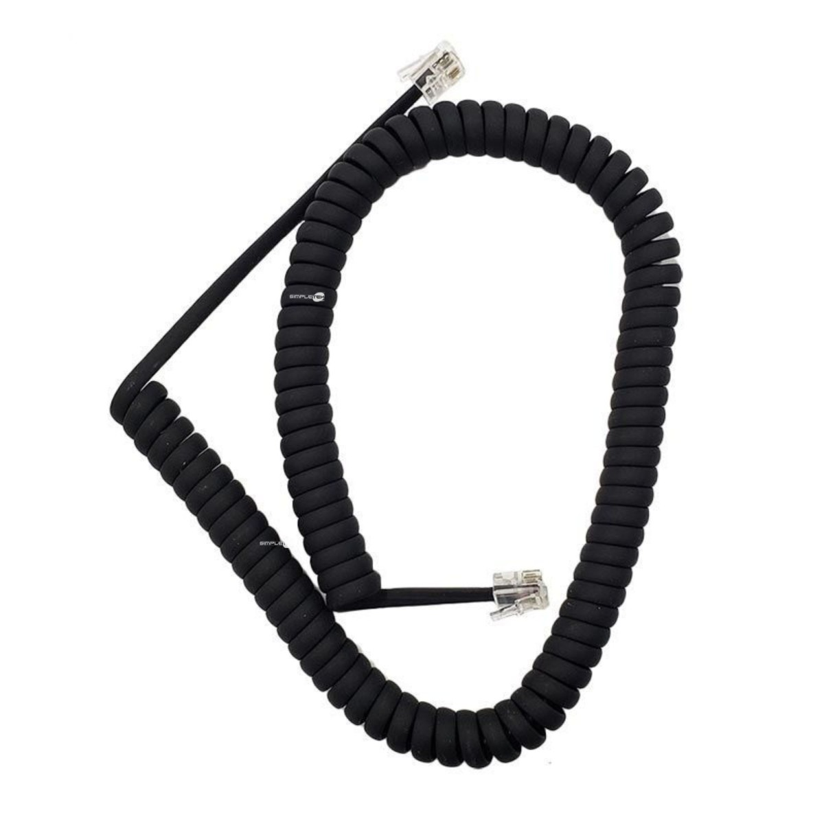 Cavo a spirale nero con due connettori RJ11 trasparenti su sfondo bianco.