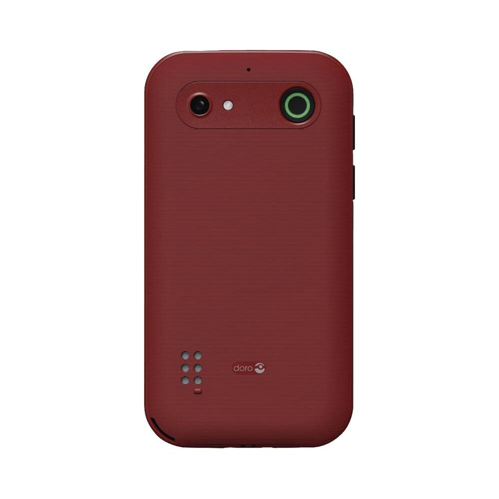 Arrière d'un smartphone Doro rouge avec appareil photo et logo.