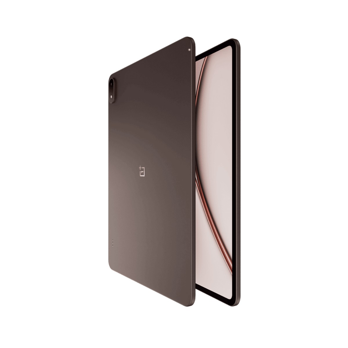 Arkada OnePlus logosu, ekranda soyut desen bulunan gri tablet.