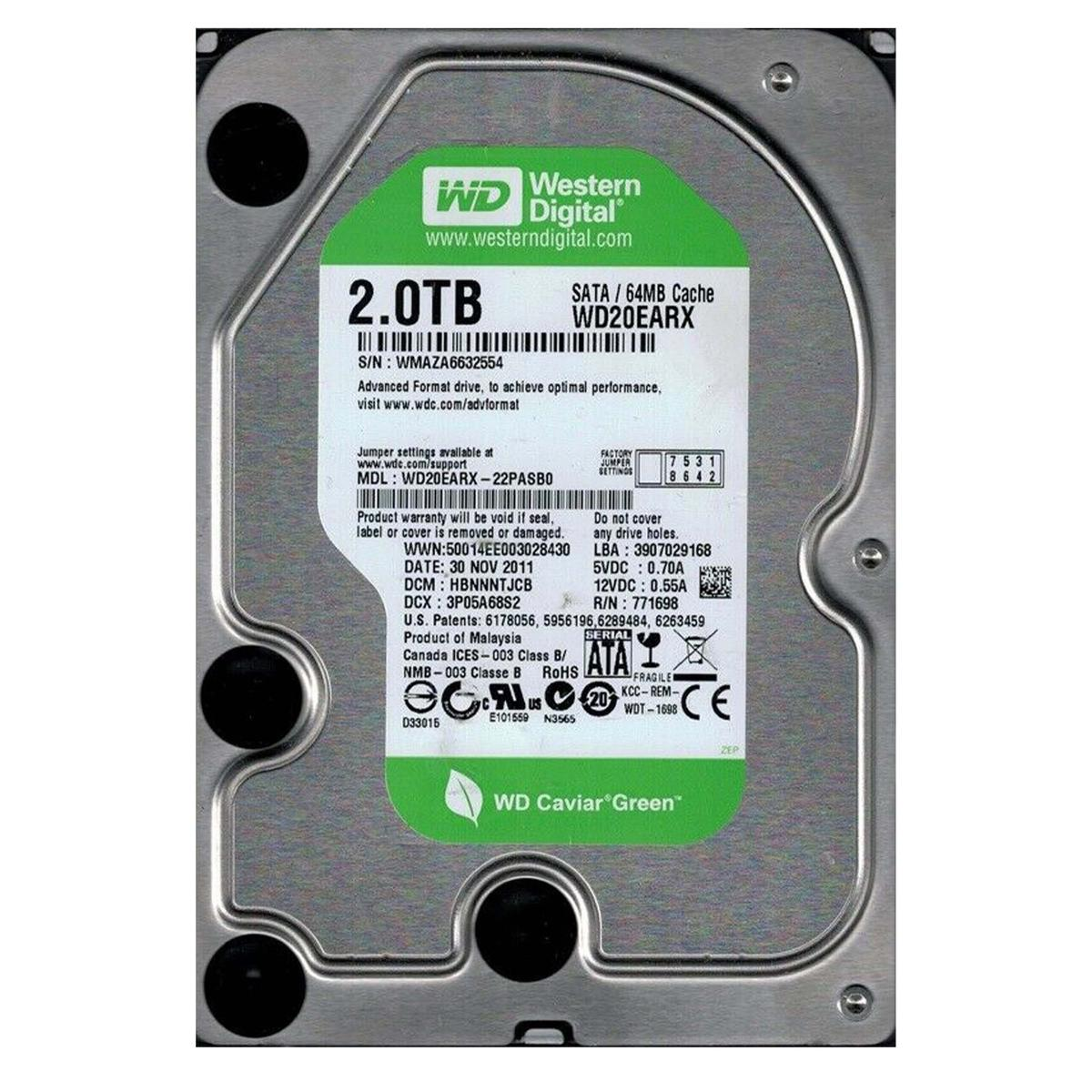 Un hard disk da 2,0 TB, modello WD20EARX, di Western Digital.