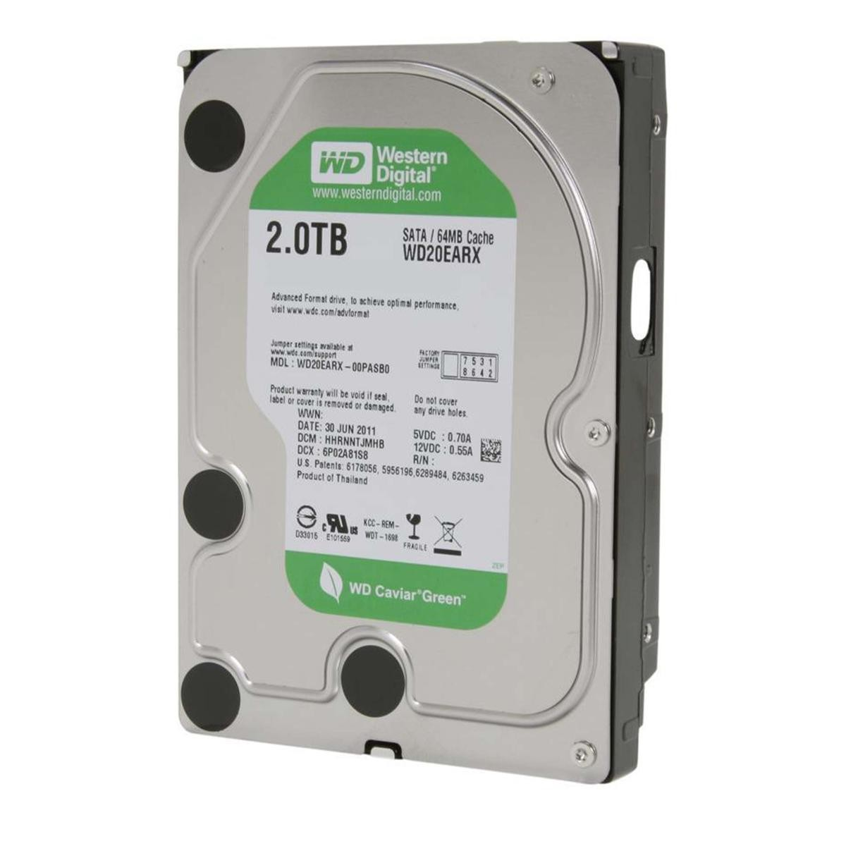 Hard disk Western Digital da 2TB con etichetta 'WD Caviar Green'.