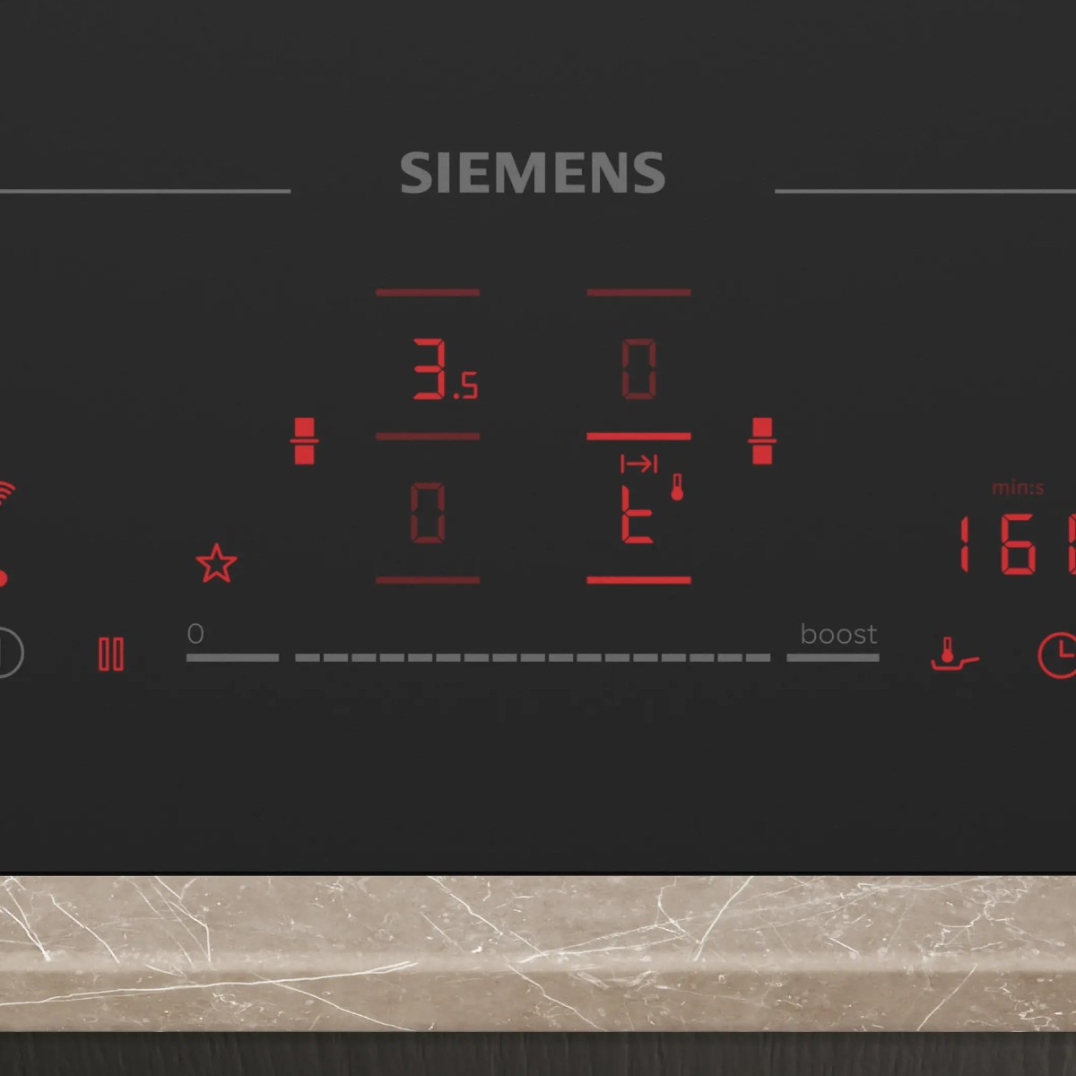 Vitrocerámica Siemens con pantallas digitales rojas para tiempo, temp. y potencia.