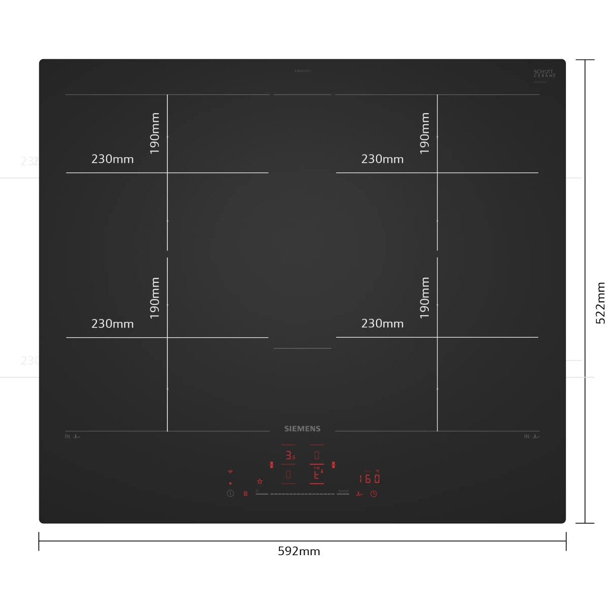 Placa de inducción Siemens negra, dimensiones 592x522mm. Cuatro zonas.