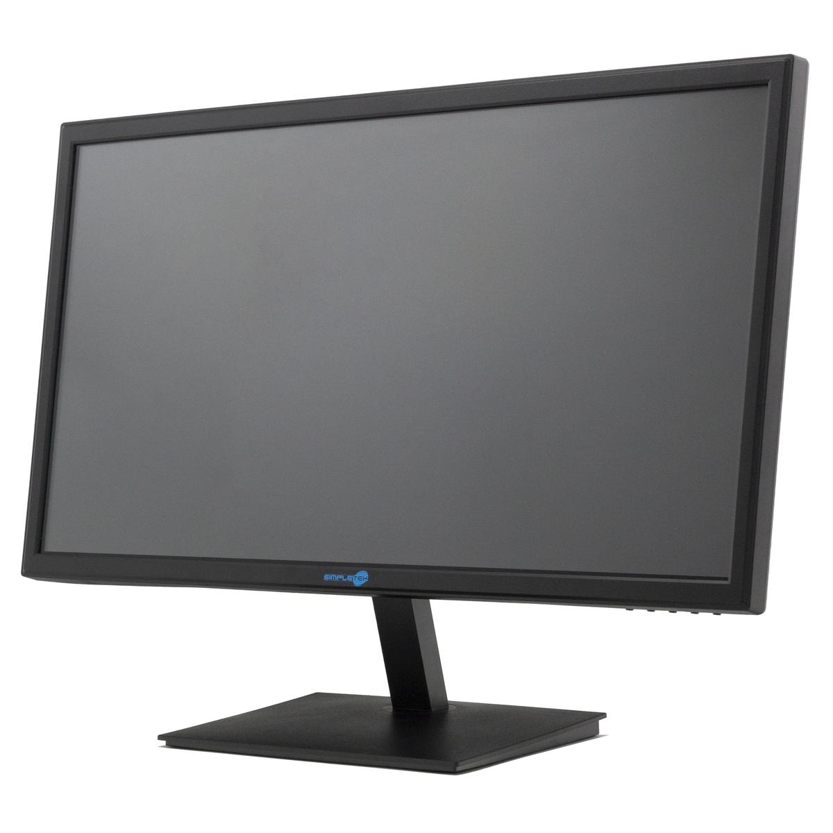 Un monitor nero con schermo scuro si trova su una base nera.