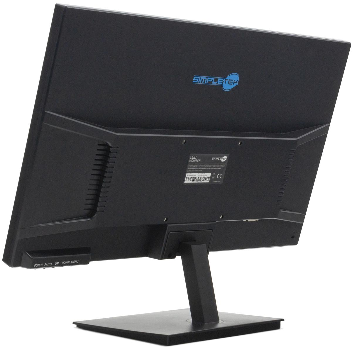 Vista posteriore di un monitor LED nero con logo 'SimpleTek' e pulsanti di controllo.