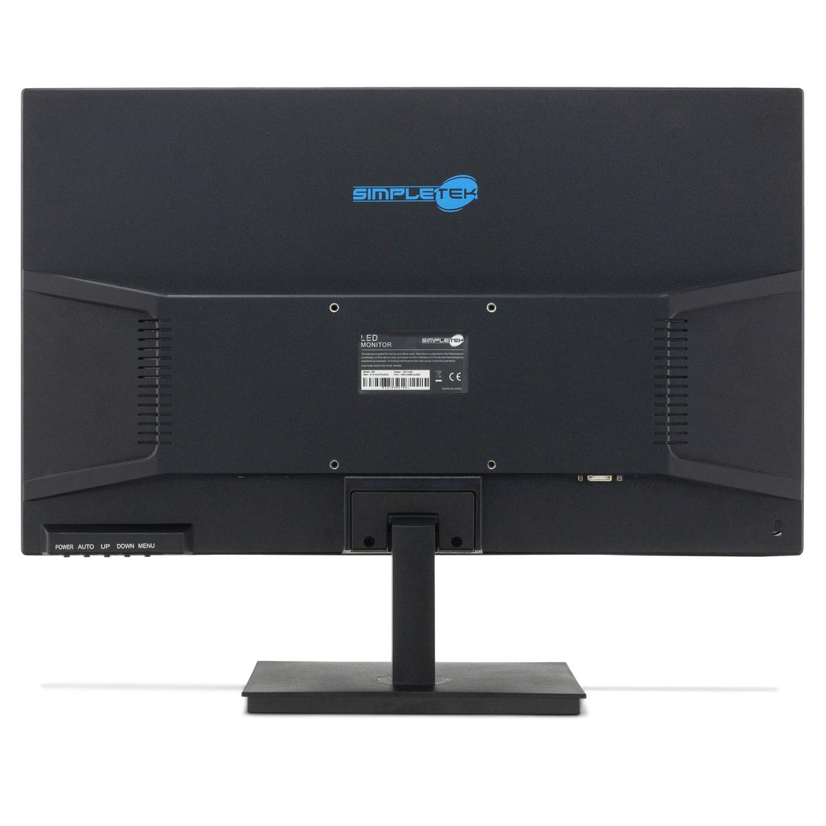 Retro di un monitor LED nero con supporto ed etichette.