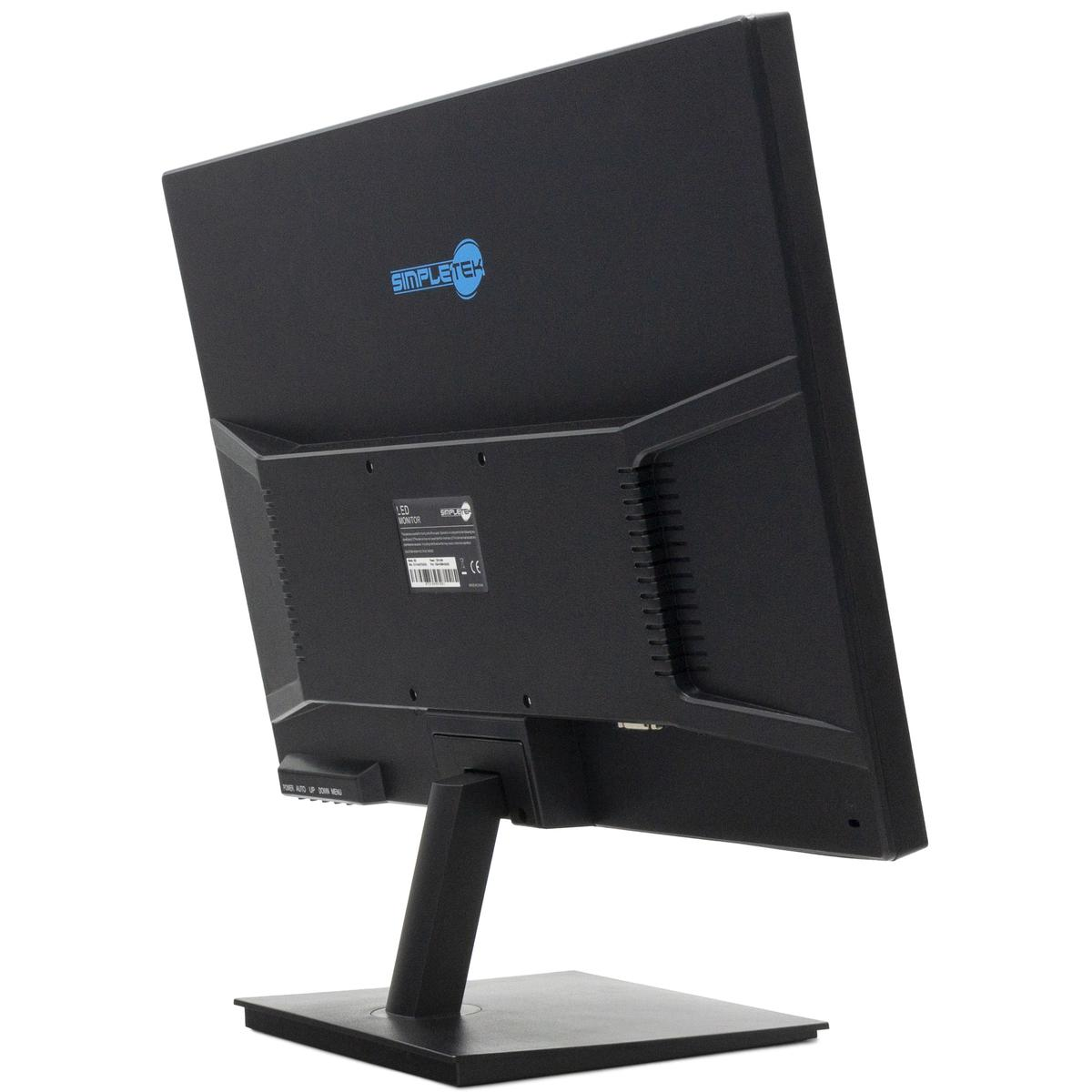 Vista posteriore di un monitor LED nero con supporto su sfondo bianco.
