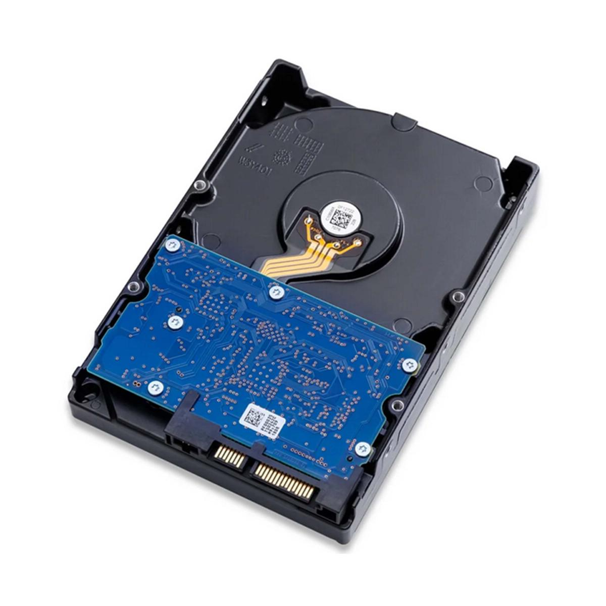Un hard disk con una scheda di circuito blu e componenti visibili.