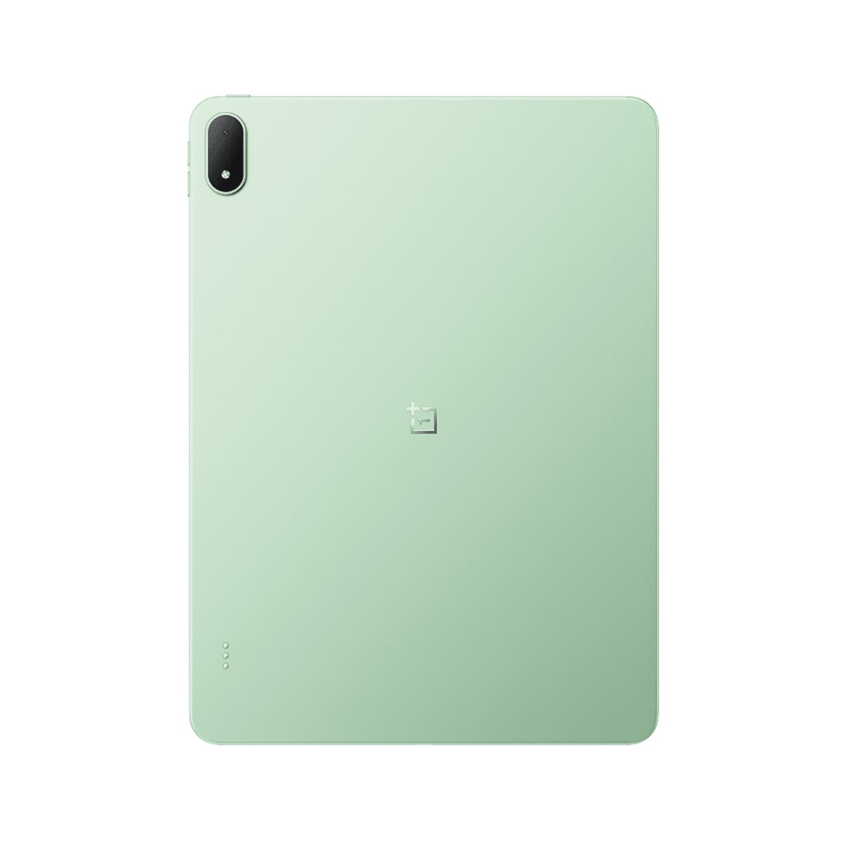 Beyaz arka planda OnePlus logosu ve kamerası olan açık yeşil tablet.