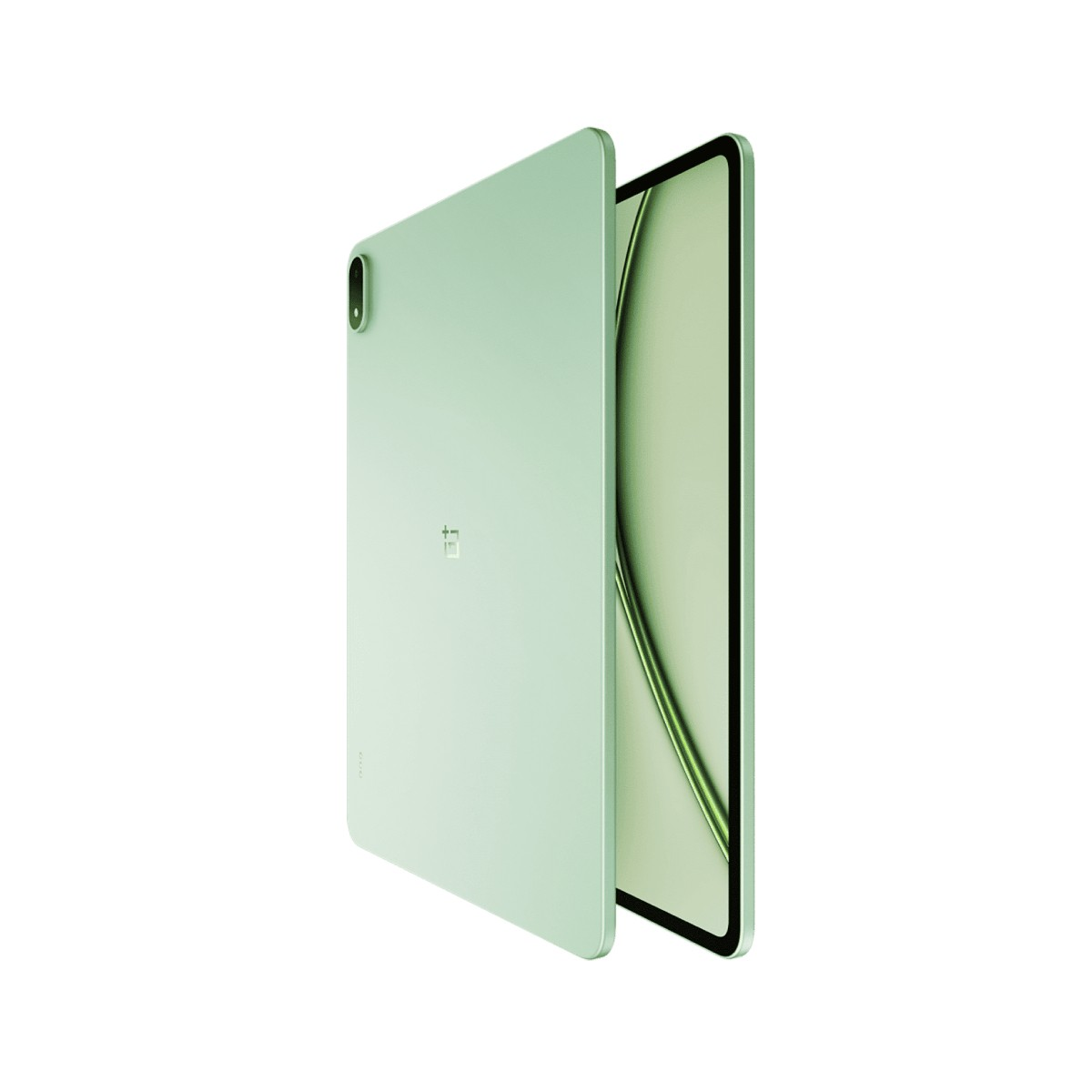Arkada kamerası ve kavisli ekranı olan açık yeşil tablet.