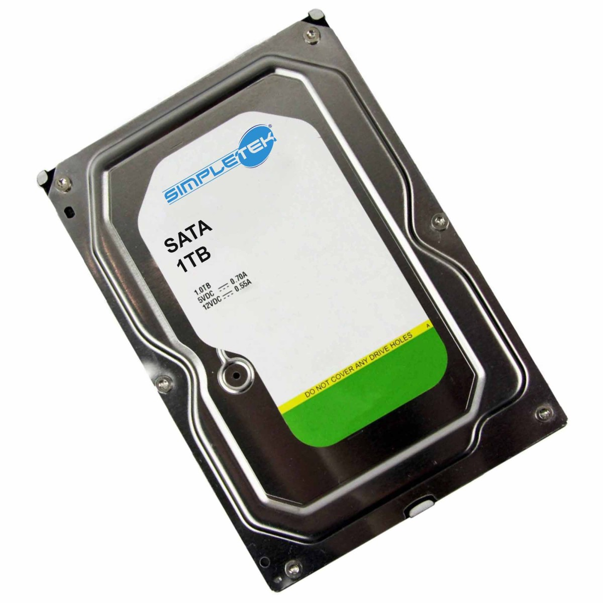 Un hard disk SATA SimpleTek da 1TB con chassis ed etichetta argentati.