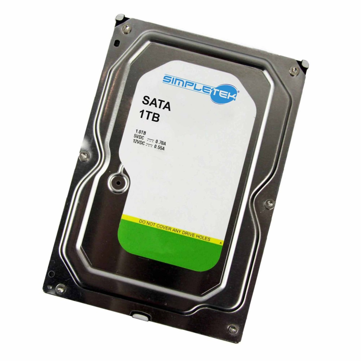 Un hard disk SATA da 1TB con custodia argentata ed etichetta bianca.