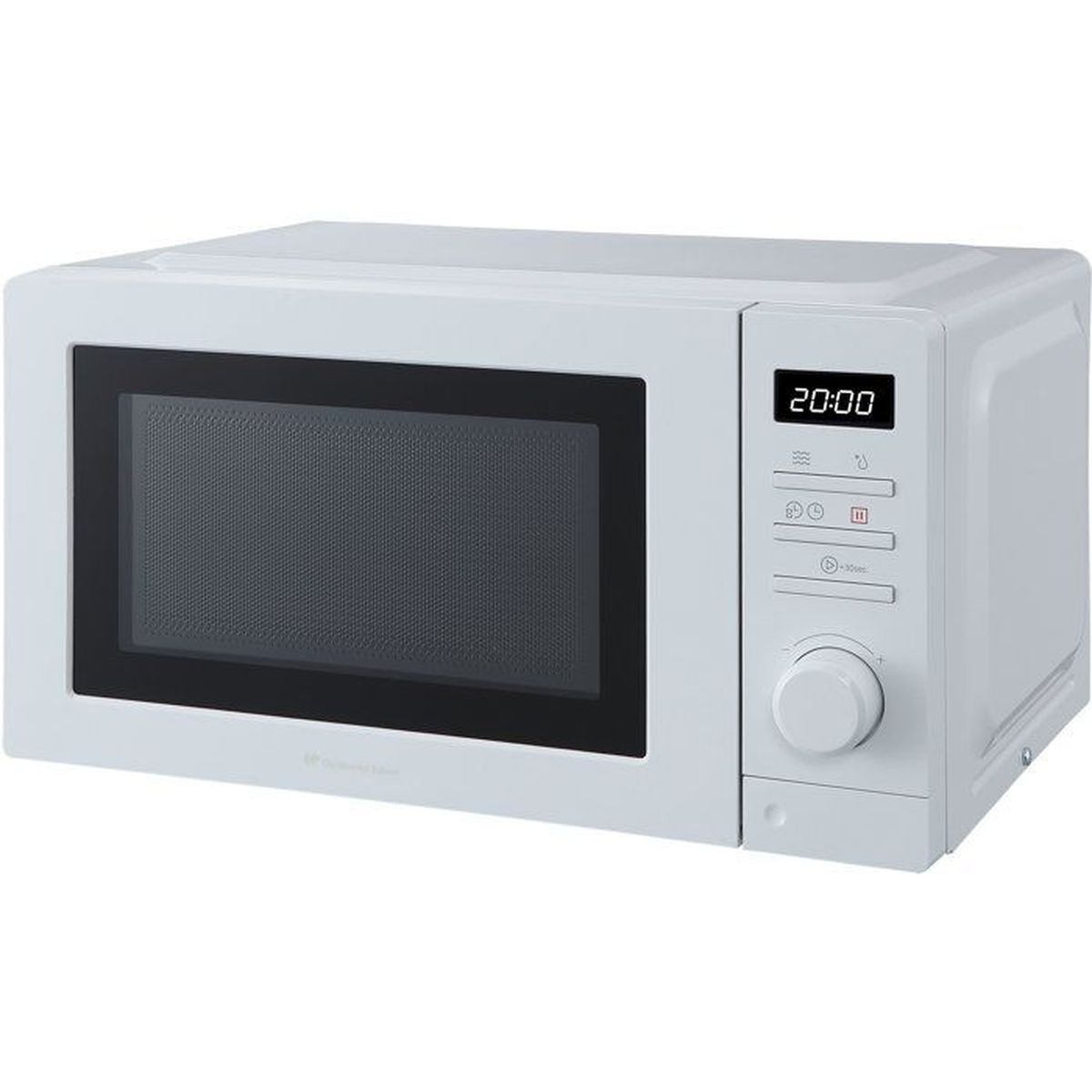 Un forno a microonde bianco con display digitale e manopola.