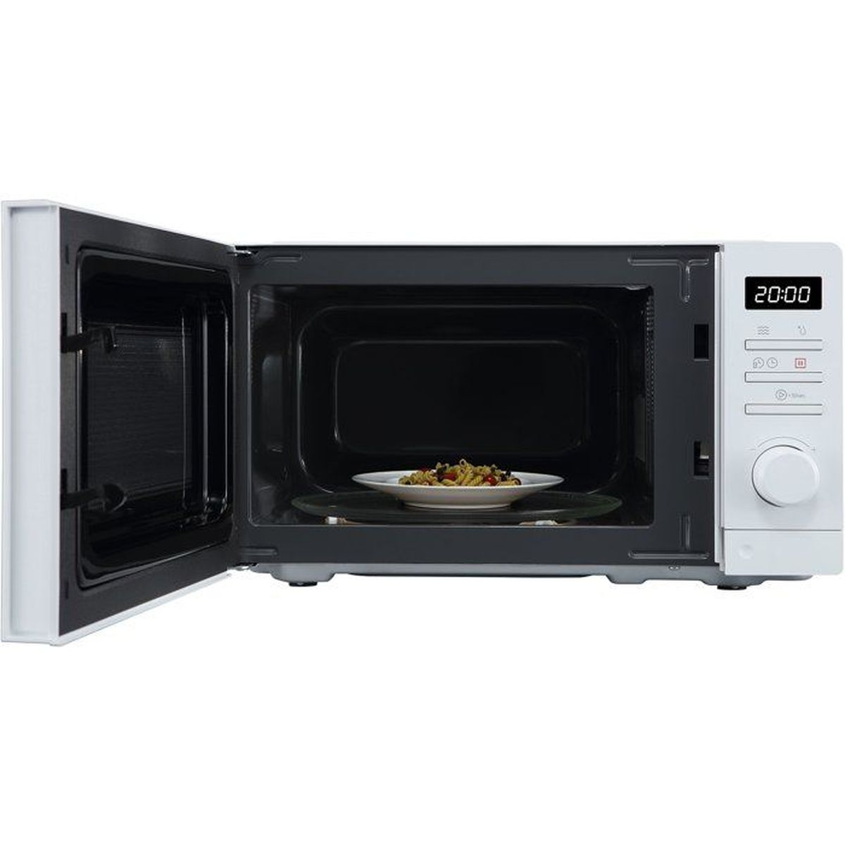 Un microonde bianco con porta aperta, contenente un piatto di pasta.