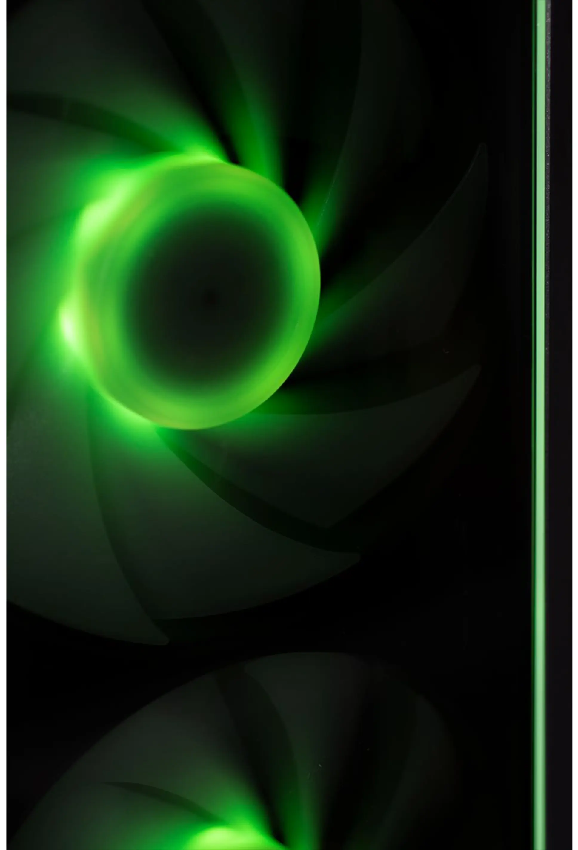 A vibrant green fan with a dark background.