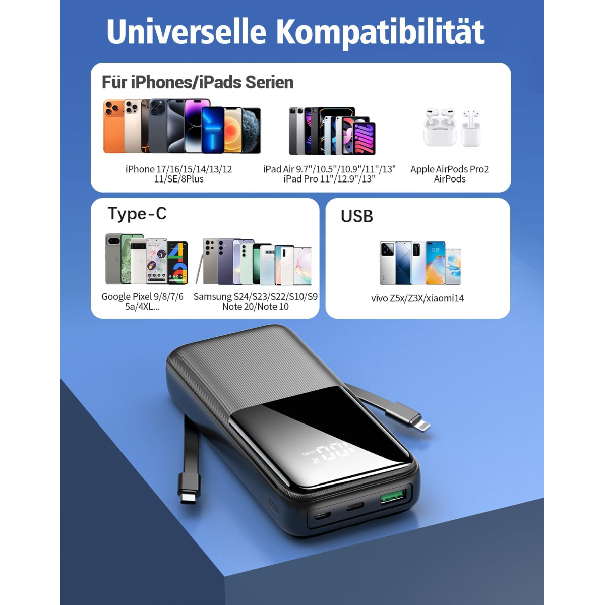 Power bank con varios dispositivos compatibles: iPhones, iPads, Google Pixel, Samsung, Vivo, Xiaomi y AirPods.