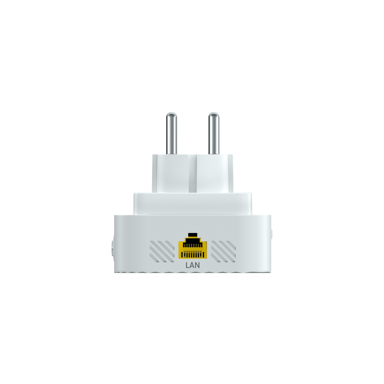 Ein weißer Netzstecker mit LAN-Anschluss und zwei silbernen Stiften.
