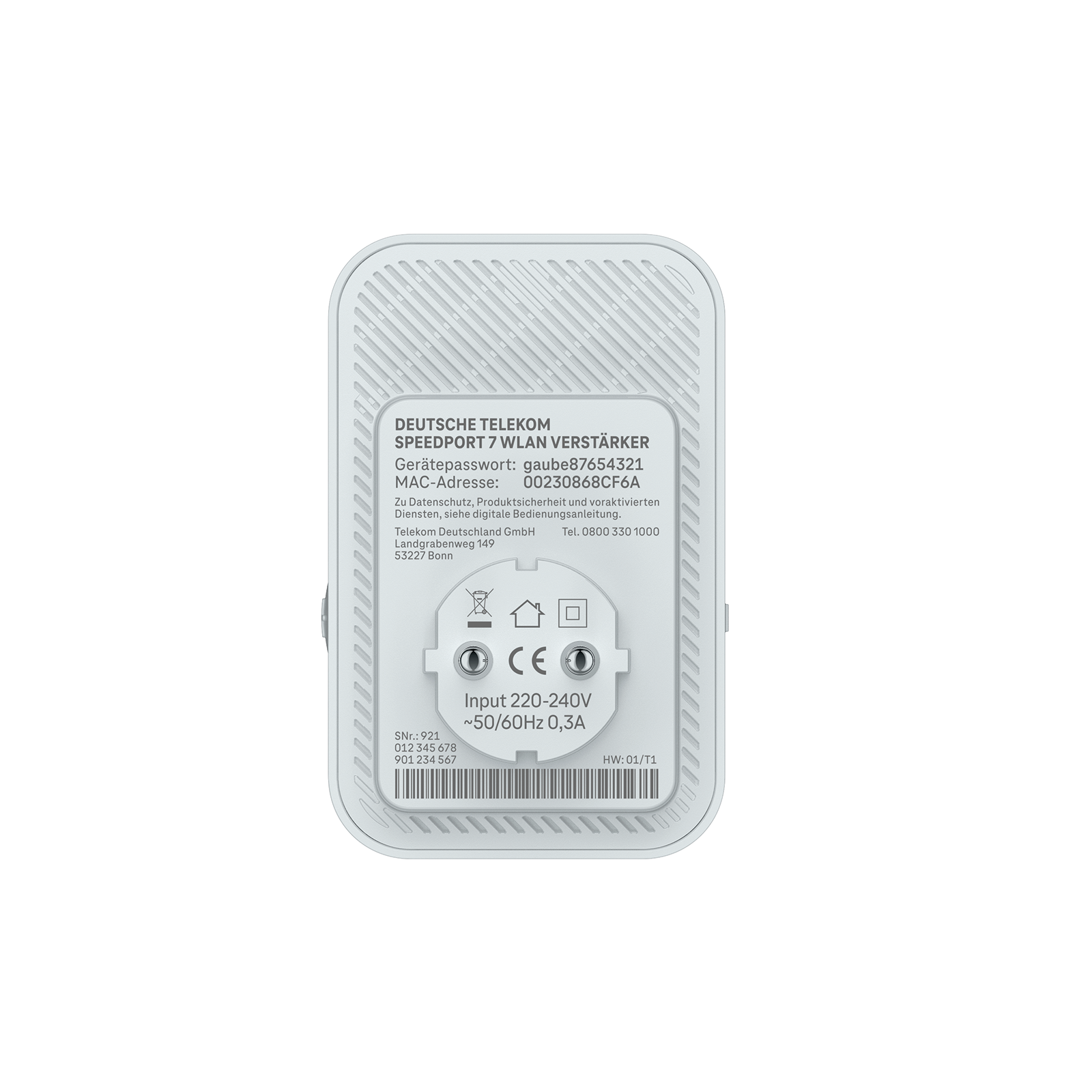 Telekom Speedport 7 WLAN Verstärker mit Eingangsdaten 220-240V, 50/60Hz, 0,3A.