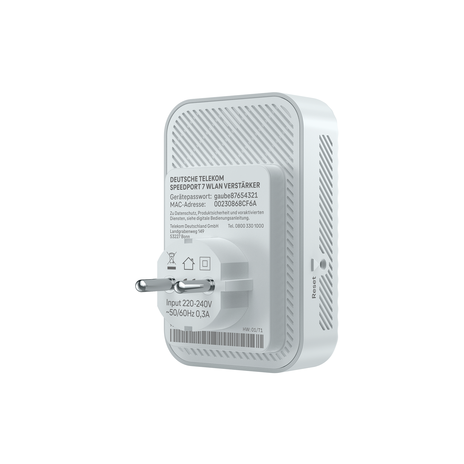 Ein weißer Telekom Speedport 7 WLAN Verstärker mit Netzstecker und Reset-Knopf.