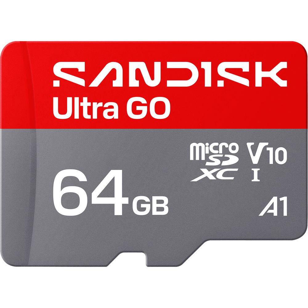 Carte mémoire SanDisk Ultra GO 64 Go Micro SDXC I A1. Conception rouge et grise.
