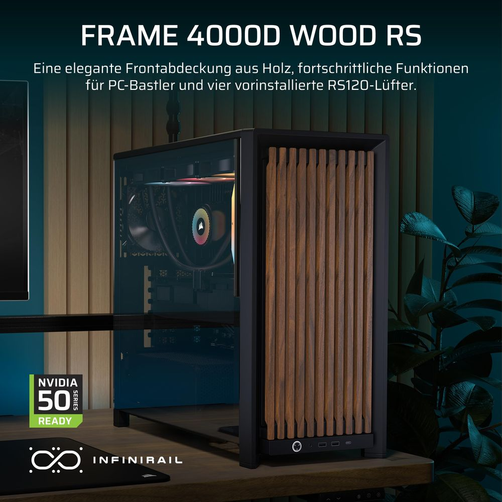 Boîtier PC avec façade en bois, côté verre et ventilateurs RGB.