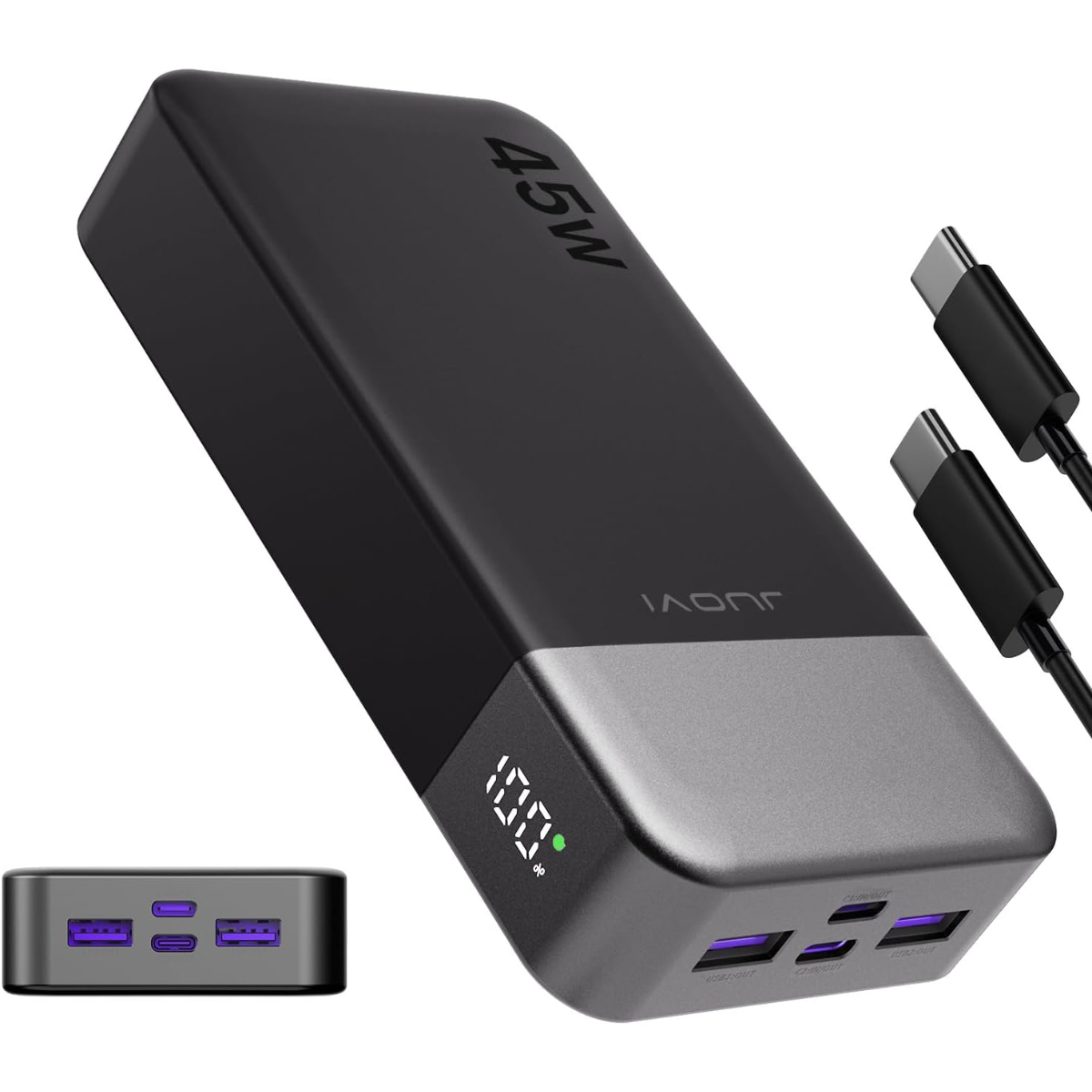 Schwarzer Powerbank mit 45W, zwei USB-C-Kabeln und digitaler Anzeige.