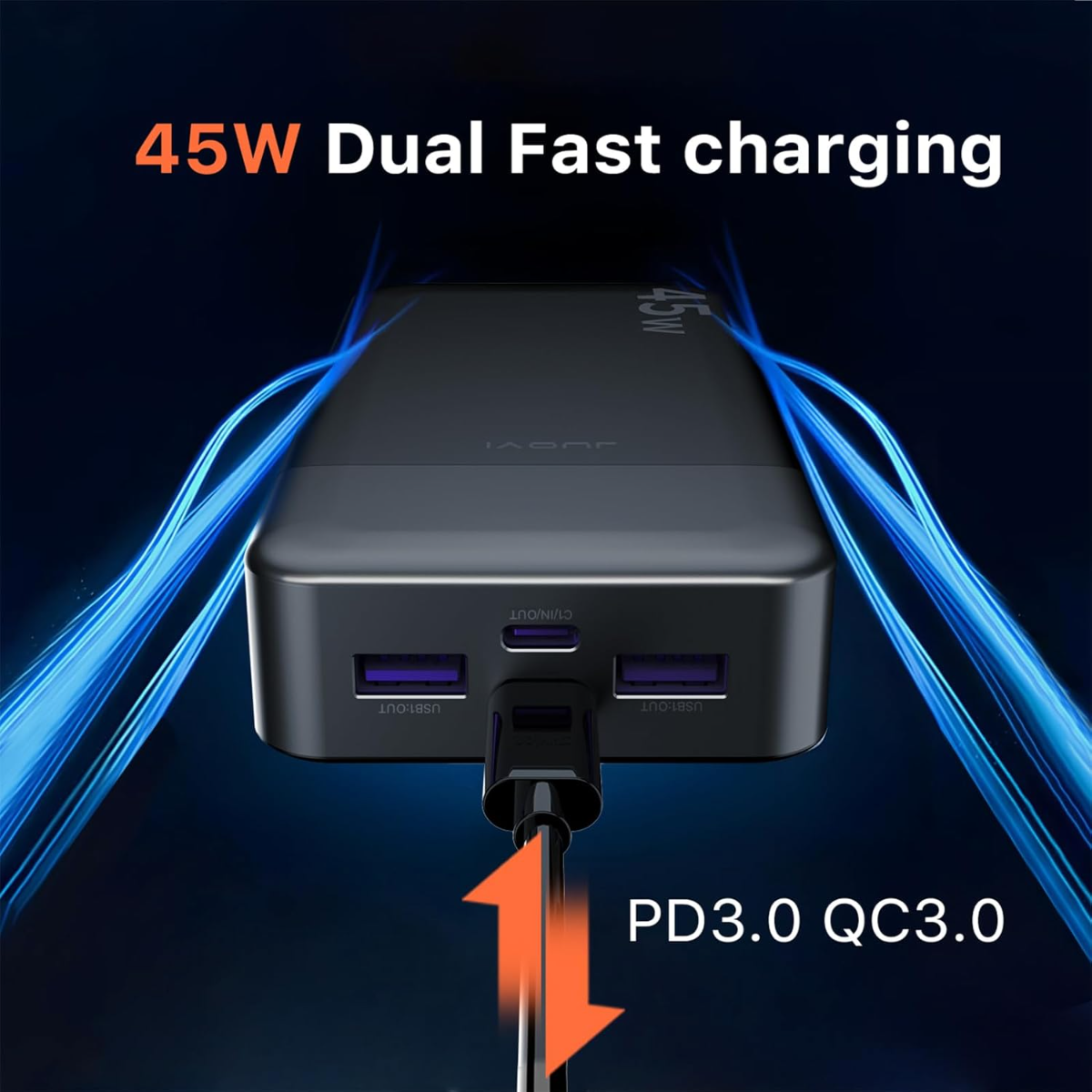 Schwarze Powerbank mit 45W Dual-Schnellladung, PD3.0 QC3.0. Blaue Lichtströme.