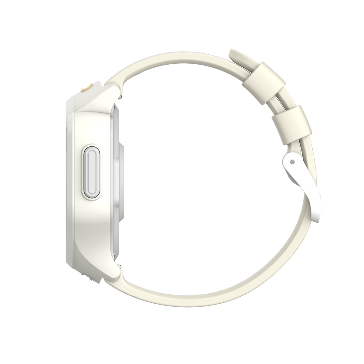 Ein weißes Smartwatch-Gehäuse mit einem cremefarbenen Armband, seitliche Ansicht.