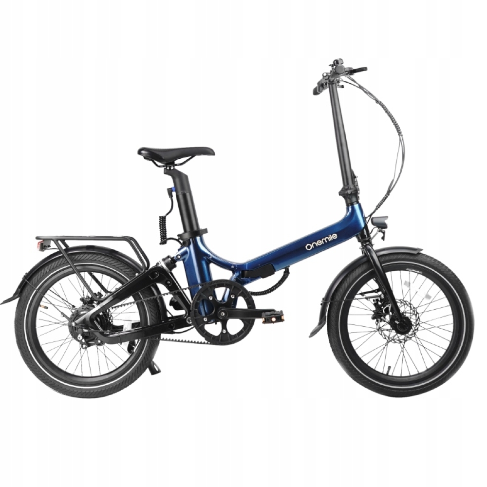 Una bicicleta eléctrica plegable azul con portaequipajes y guardabarros.