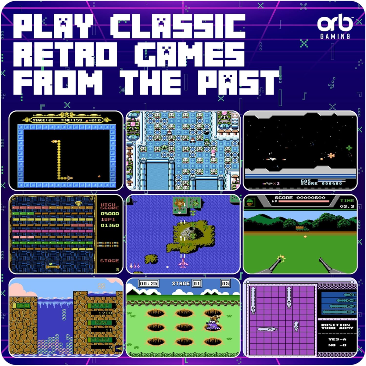 Collage de capturas de pantalla de videojuegos retro titulada "Play Classic Retro Games From The Past."