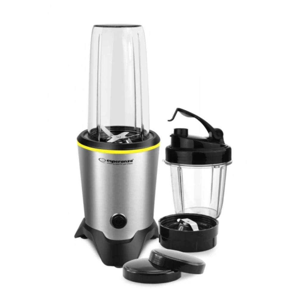 Srebrny blender ze szklanym kubkiem, czarną pokrywką i ostrzami.