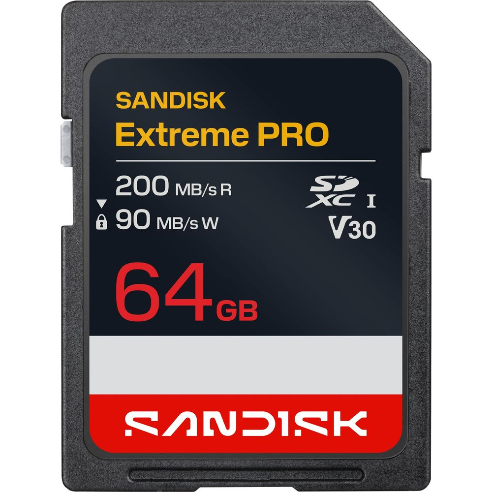 Carte mémoire Sandisk Extreme Pro 64Go SDXC, lecture 200 Mo/s, écriture 90 Mo/s.
