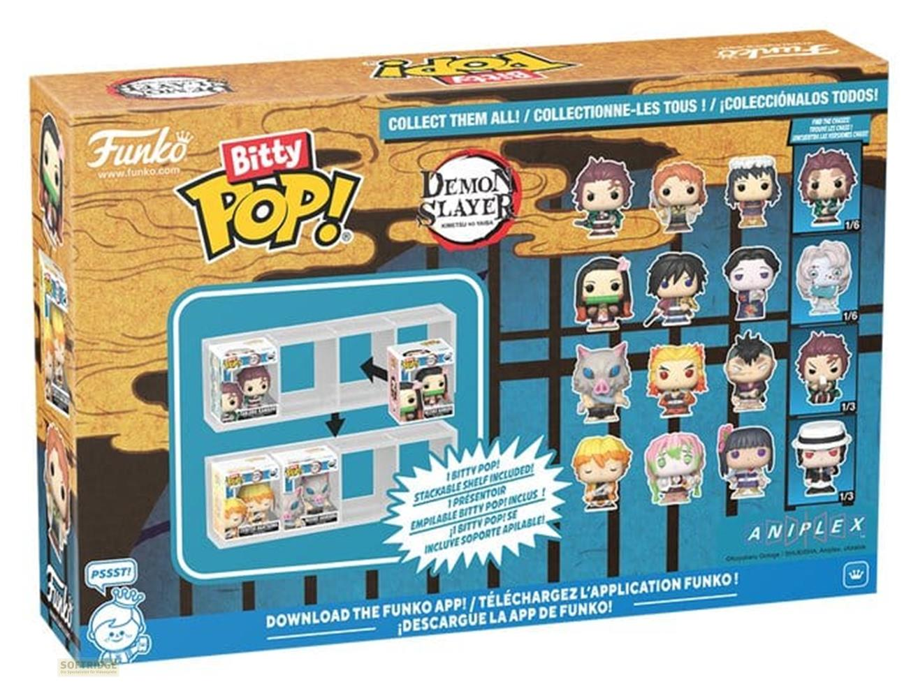 Caja Funko Bitty Pop! Demon Slayer con figuras y un estante.