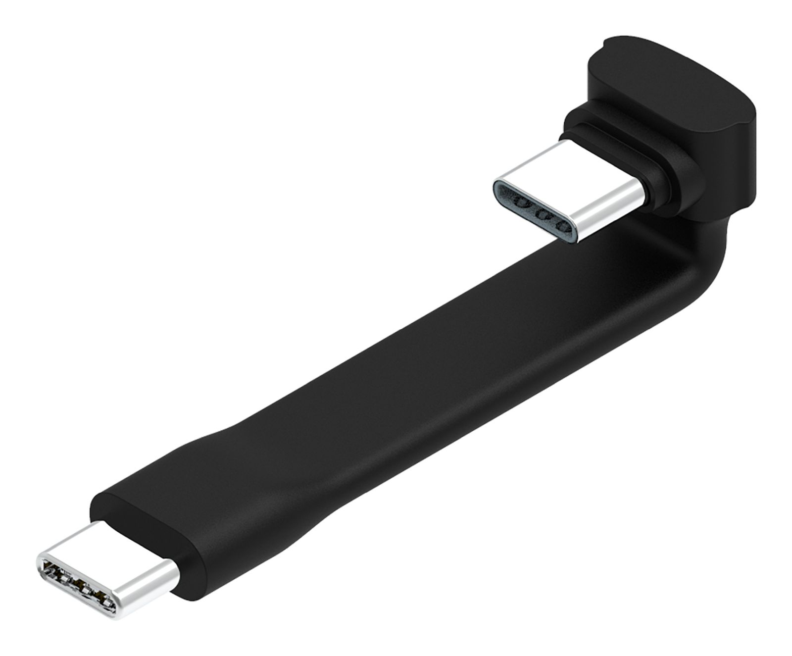 Ein schwarzes USB-C-Kabel mit abgewinkelten Anschlüssen.