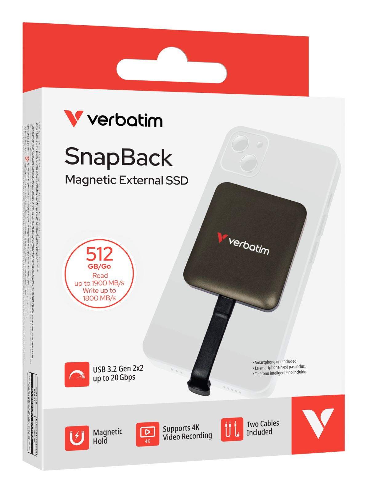 Verbatim SnapBack SSD Verpackung mit Smartphone-Abbildung, 512GB, USB 3.2.