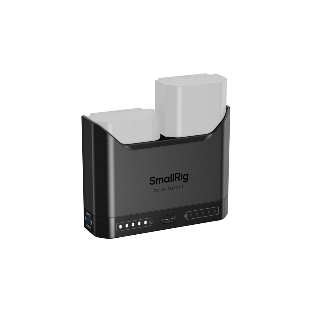 Ein schwarzes SmallRig Ladegerät für zwei NP-FZ100 Akkus mit Ladeanzeigen.