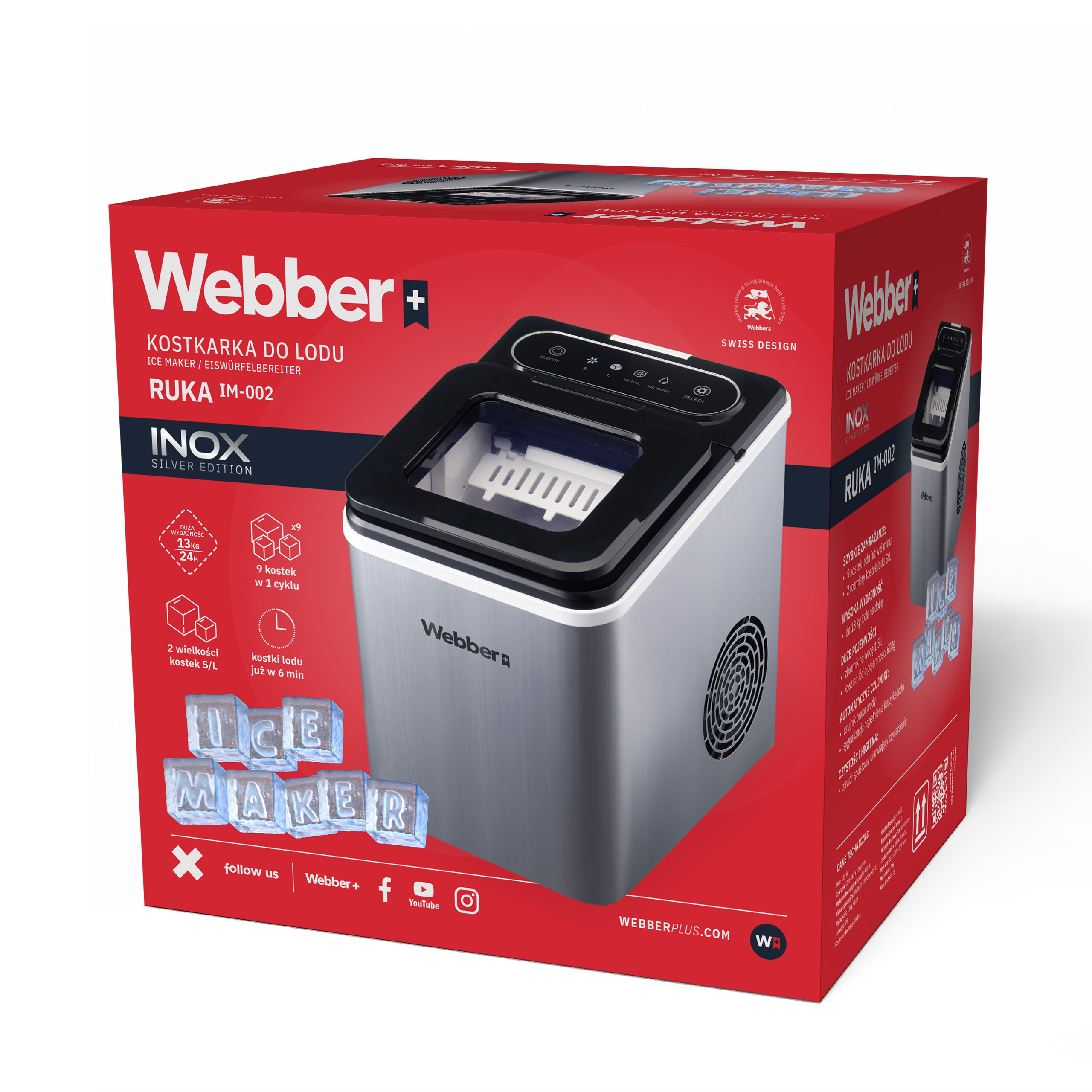 Kostkarka do lodu Webber RUKA IM-002 Inox Silver Edition na czerwonym kartonie z grafiką.