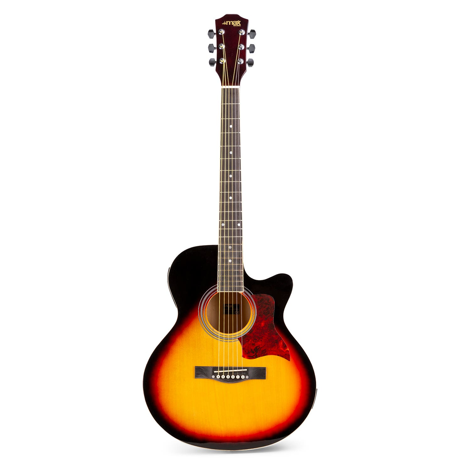 Een akoestische gitaar met sunburst afwerking, zwart lichaam en zilveren stemknoppen.