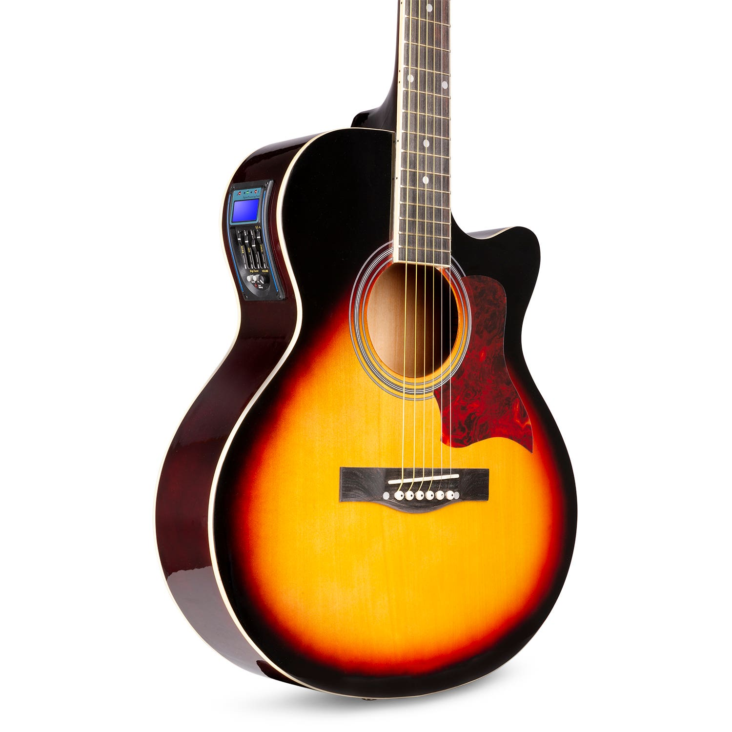 Een sunburst akoestische gitaar met zwarte hals en elektronisch bedieningspaneel.