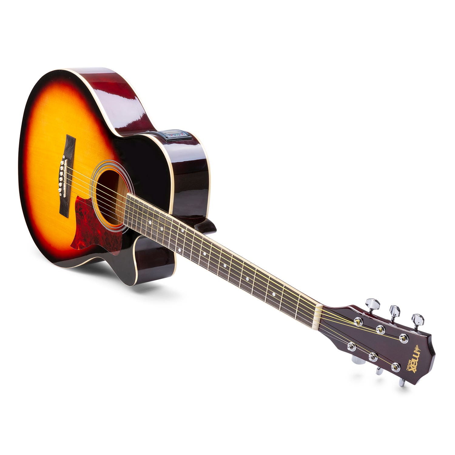 Een sunburst akoestische gitaar met schildpadslagplaat, op witte achtergrond.