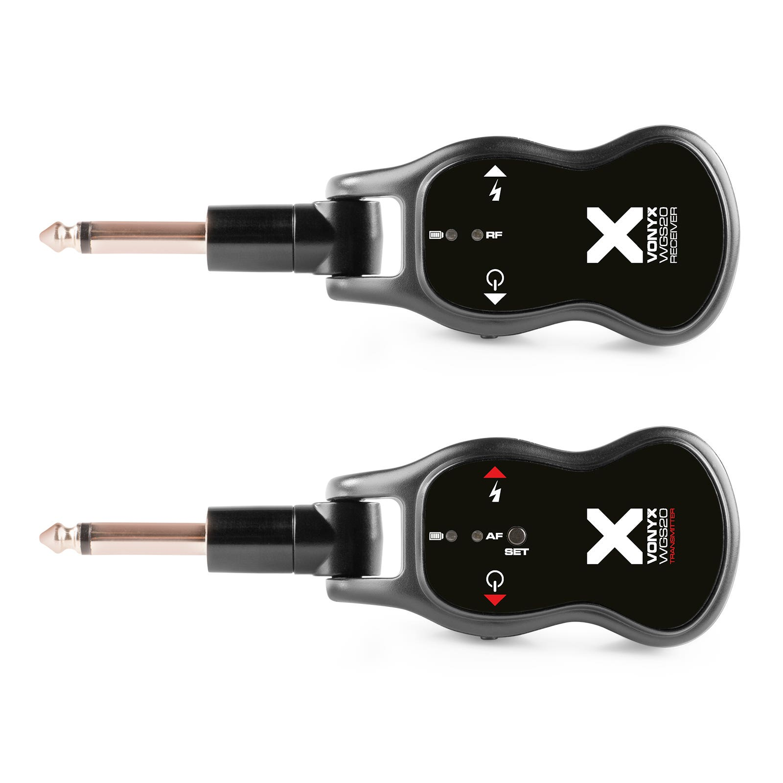 Twee zwarte draadloze ontvangers met jackplug en bedieningsknoppen.