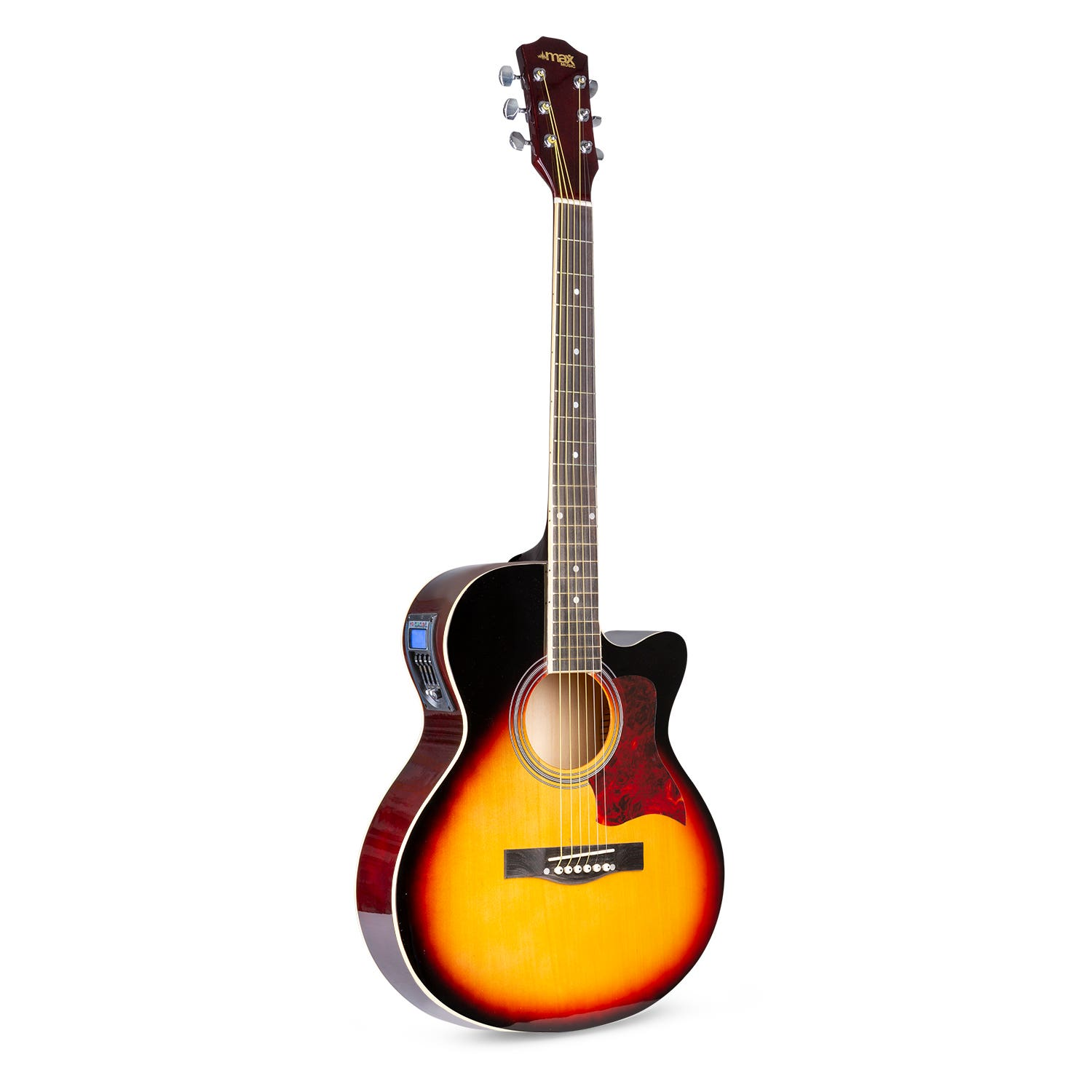 Een akoestische gitaar met sunburst afwerking op witte achtergrond.