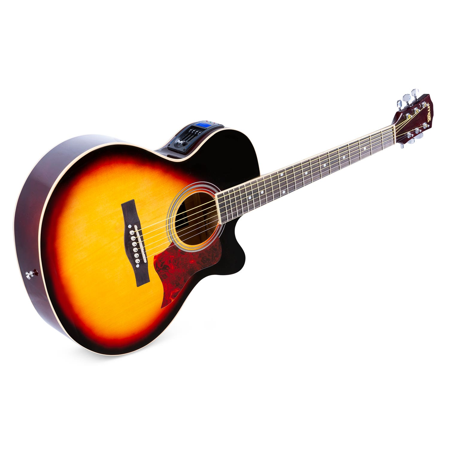 Een akoestische gitaar met sunburst afwerking, zwart lichaam en toets.